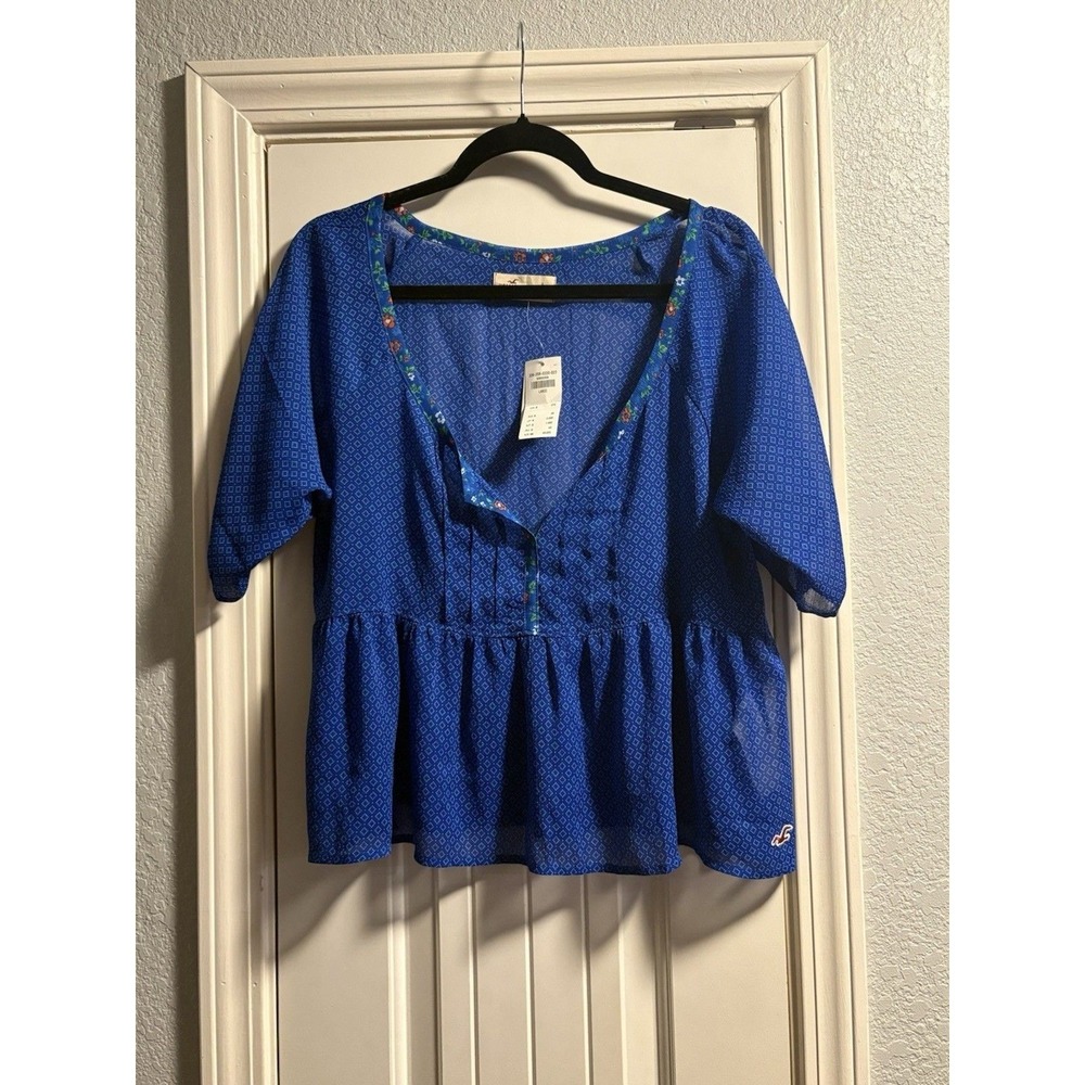 Hollister Women's Large Blue Sheer Boho Peasant Top NWT